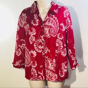 JM Collection Linen Blouse 10 Red White Paisley B3
